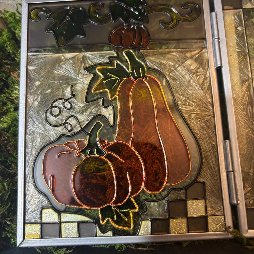 Autumn Pumpkin Stained Glass Double Picture Frame Harvest Fall Decor Cottagecore